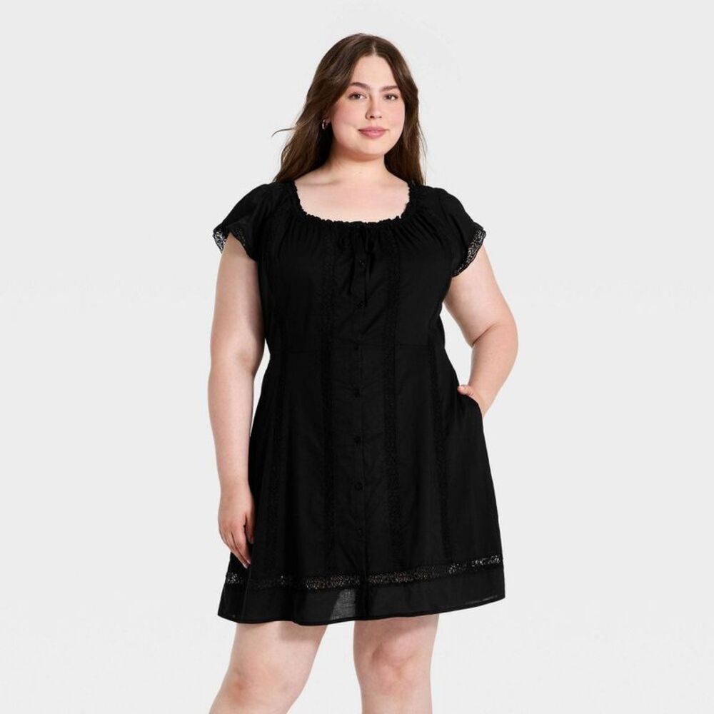 Women's Short Sleeve Lace Inset Mini Sundress - Universal Thread Black XXL